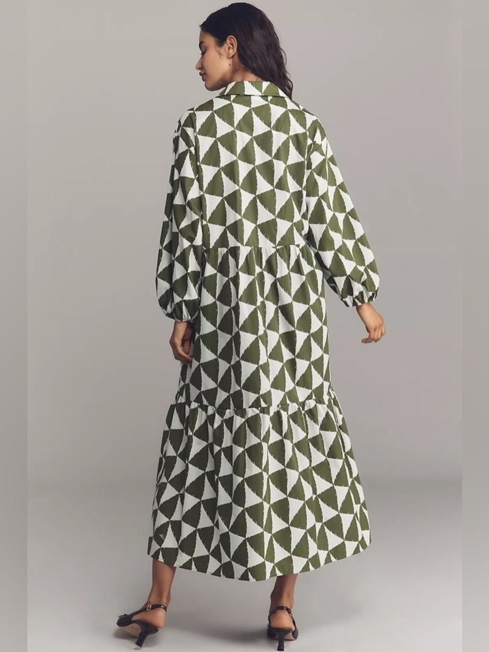 Anthropologie Olive and White Geometric Collared Bettina Maxi Dress - Picture 4 of 7